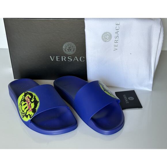 Versace Smiley Medusa Slides Sandals Blue/Lime 10 US (43 Eu) DSU6516 IT NIB $450 - Picture 8 of 13
